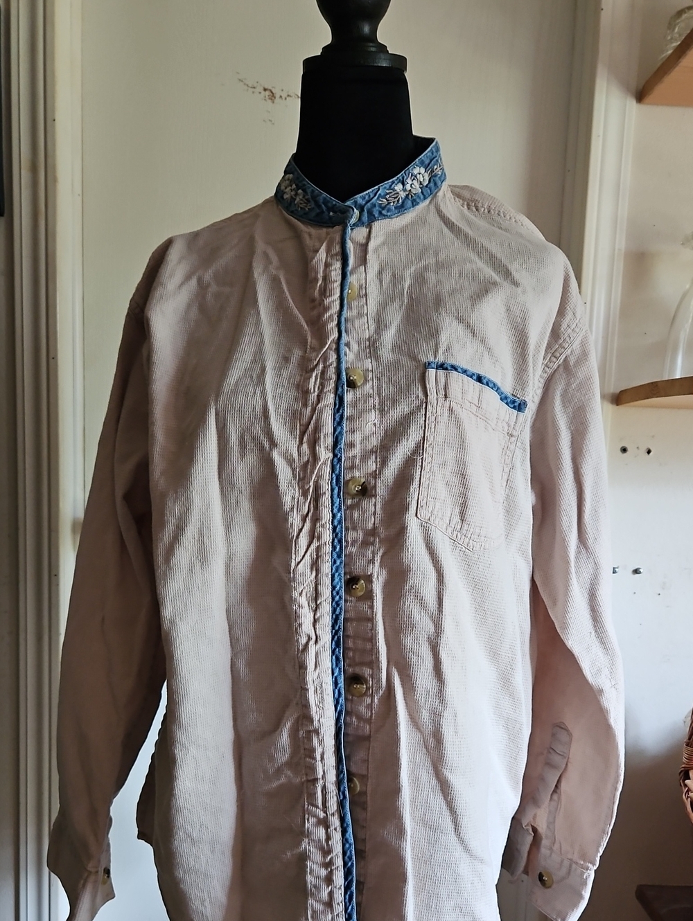 Women’s Tan and Denim Button-Down Shirt with Blue Trim